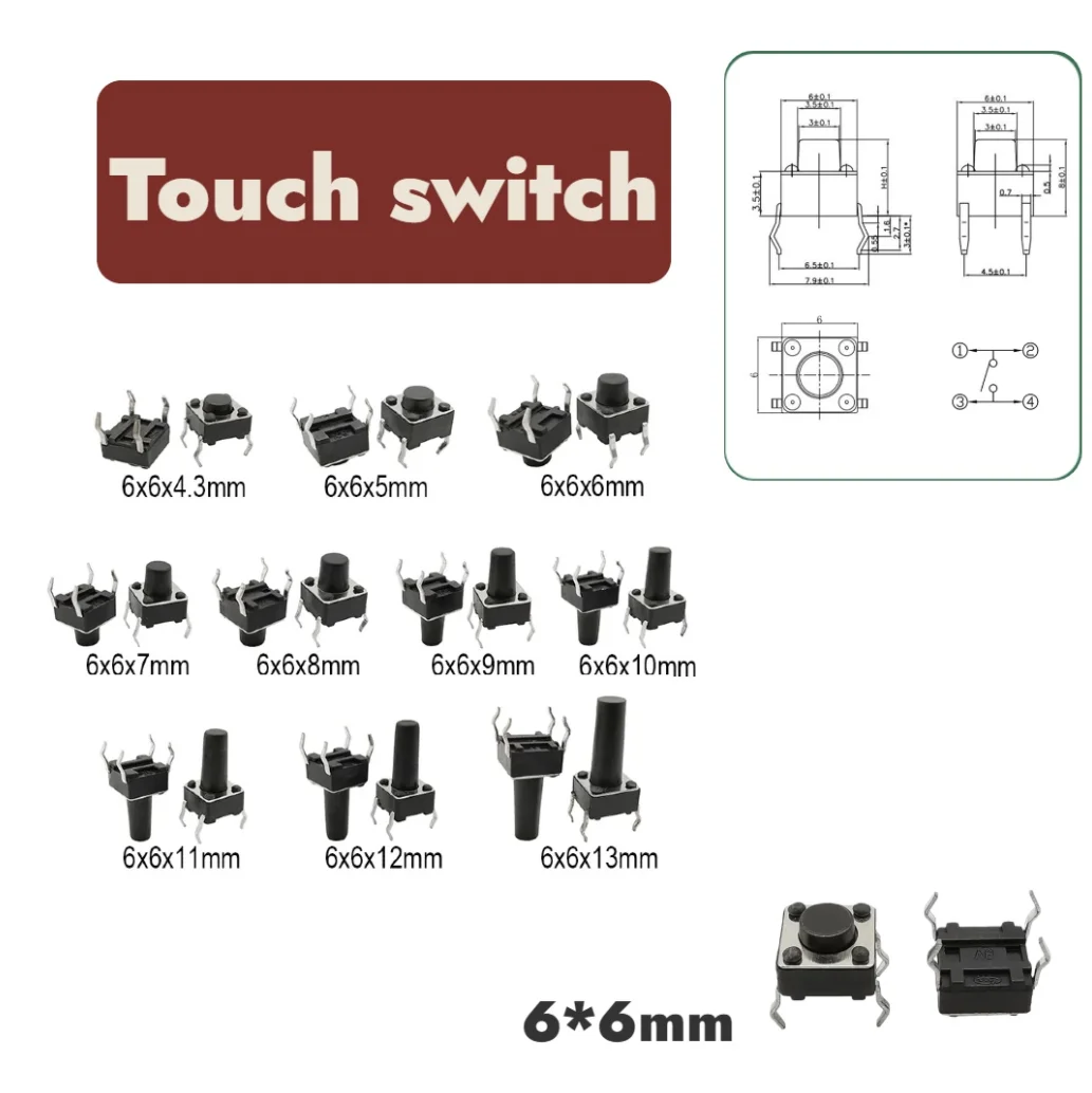 100-20 Pcs,6x6 Push Button Switch Dip 6x6x4.3 Light Touch Switch 6*6*4.3/5/6/7/8/9/10/11/12/13mm The Power Switch 4pins