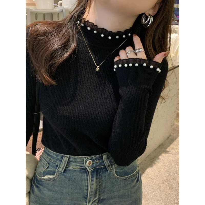 Feminino sólido meia gola alta jumper femme casual rendas pullovers camisola 2025 outono inverno fino básico malhas novo magro topos