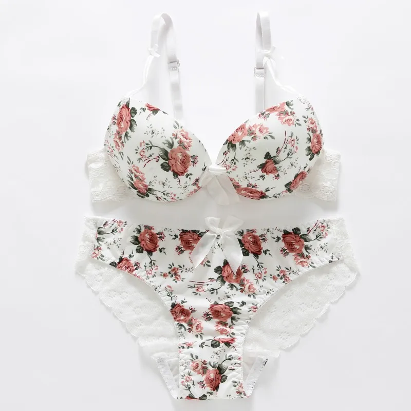 1Set Women\'s Sexy Embroidery Adjusted-straps Lingerie Suit Underwire Push-Up Thin Padded Bra Flower Printing Bras Sets