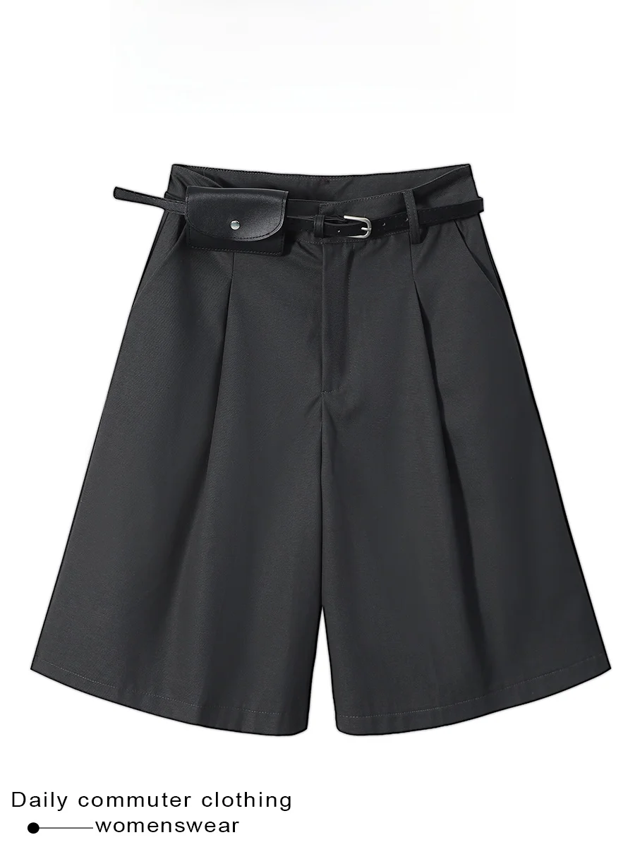 Coshehkg Simple Design Belted Straight Leg Pants Women's Slimming Shorts Summer New Style High Waist Commute Fashion