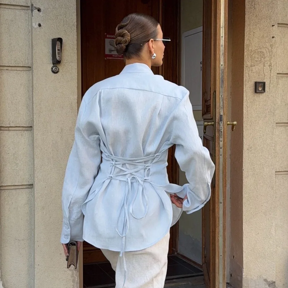 Damska koszula na jesień 2025, z wstążkowymi ramiączkami, do pracy, bawełniana, wyszczuplająca.