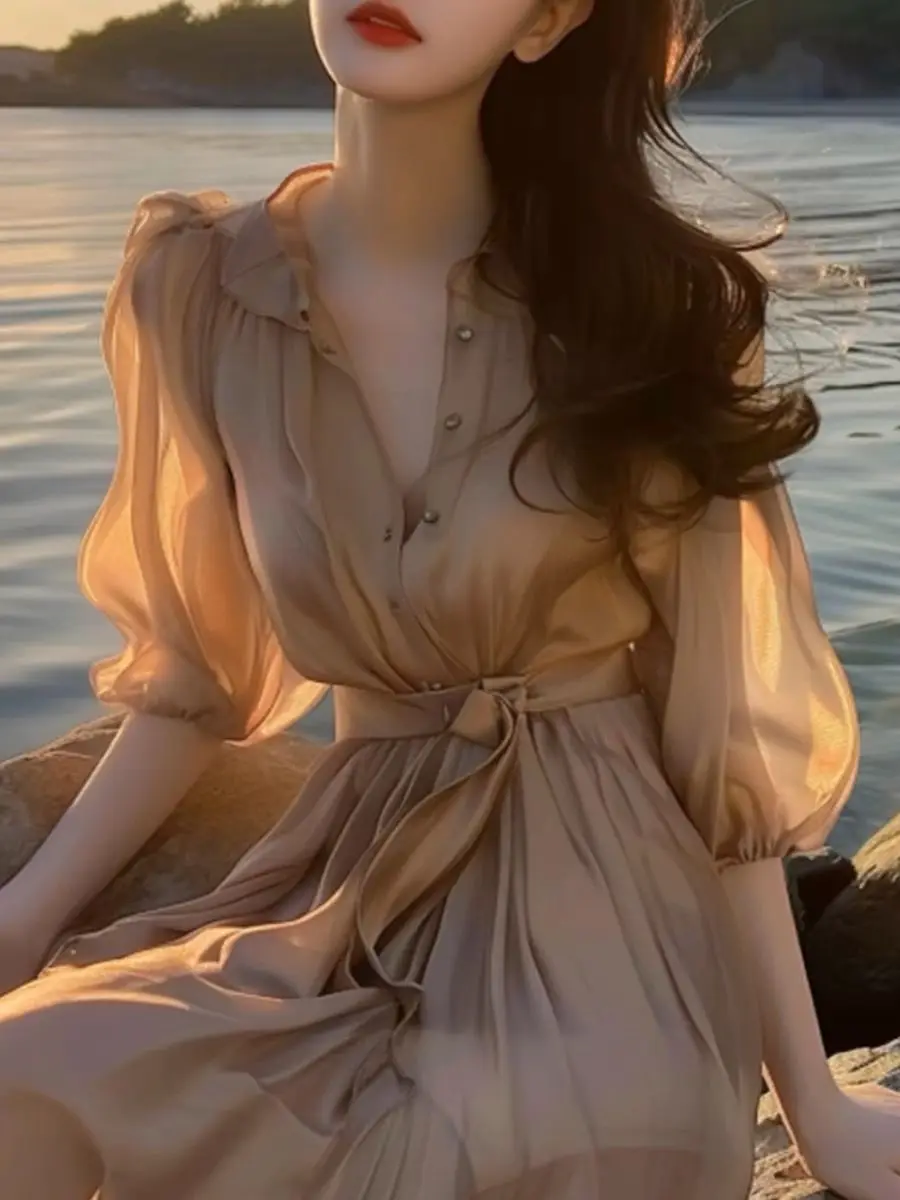 Summer Leisure Seaside Holiday Style Beach Dress For Women 2024 New Fashion Temperament  Ethereal Fairy Chiffon Long Dress