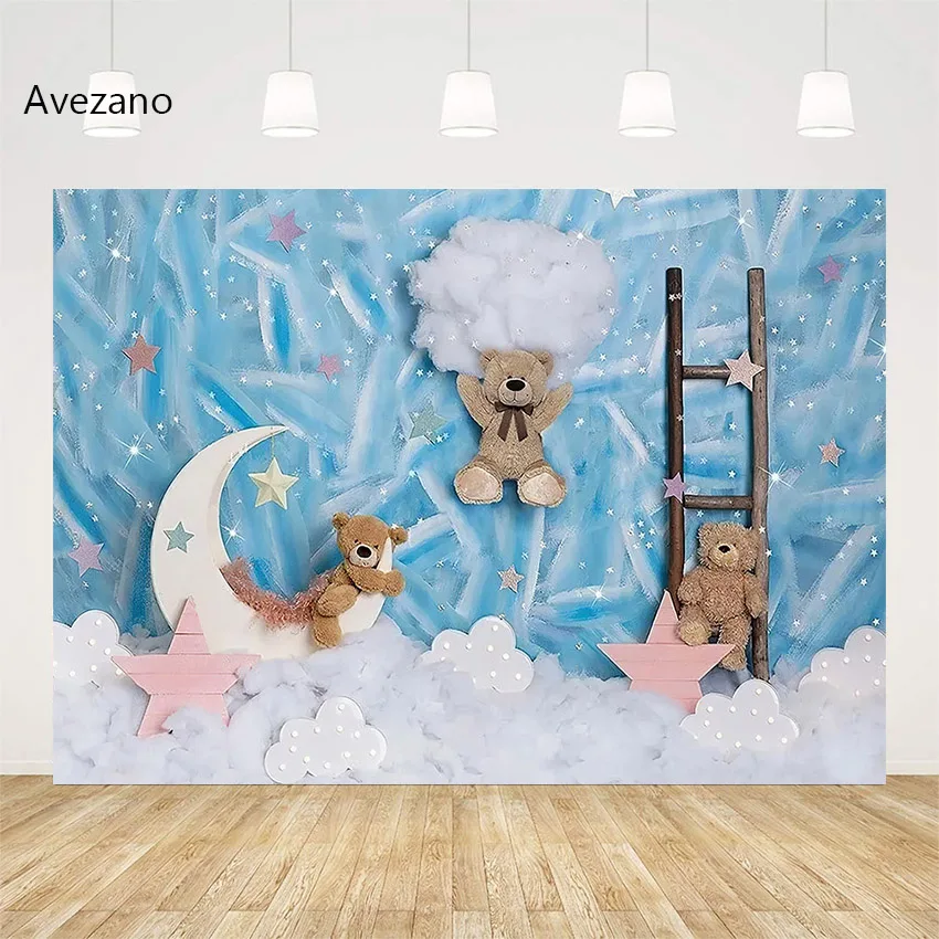 

Avezano Cake Smash Photography Background Twinkle Stars Moon Bear Blue Sky Newborn Birthday Portrait Decor Backdrop Photo Studio