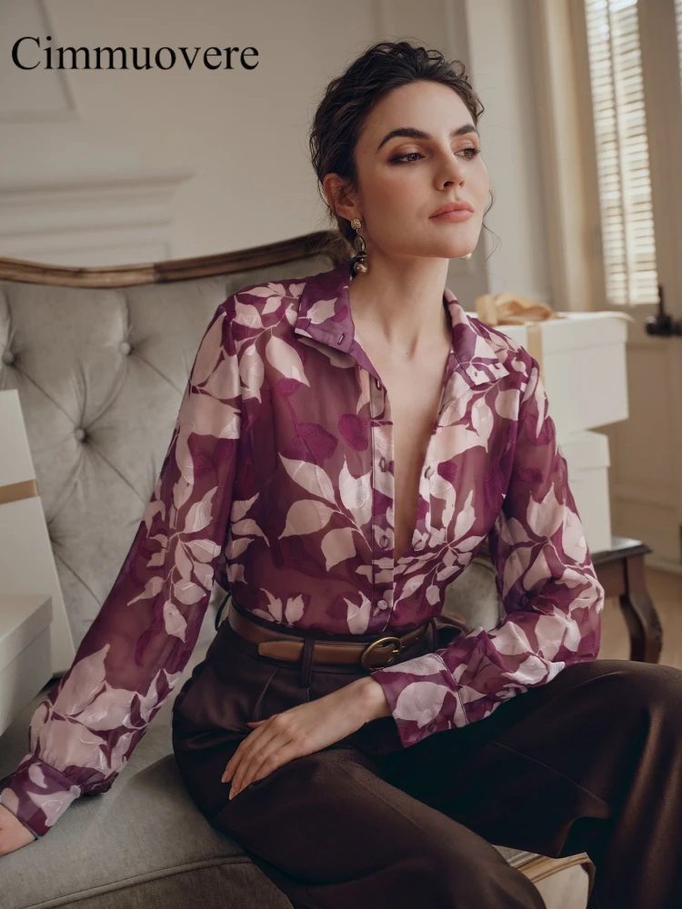 Image of Cimmuovere Damen-Eleganzhemd, leichte Bluse mit langen Ärmeln und Blumenmuster, lässige Vintage-Herbstoberteile für die Arbeit und den Alltag.