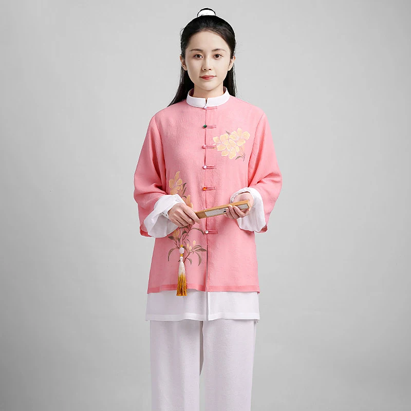 Women's Pink Chiffon Linen Tai Chi Uniform Set - Embroidered Orange Frog Buttons for Baduanjin, Qigong & Group Practice