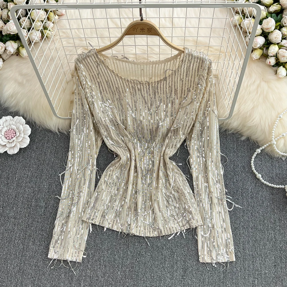 Spring 2025 Women's Loose Long Sleeve round Neck T-Shirt Sequin Trim Fashionable Short Style Commute Korean Style Bright Thread