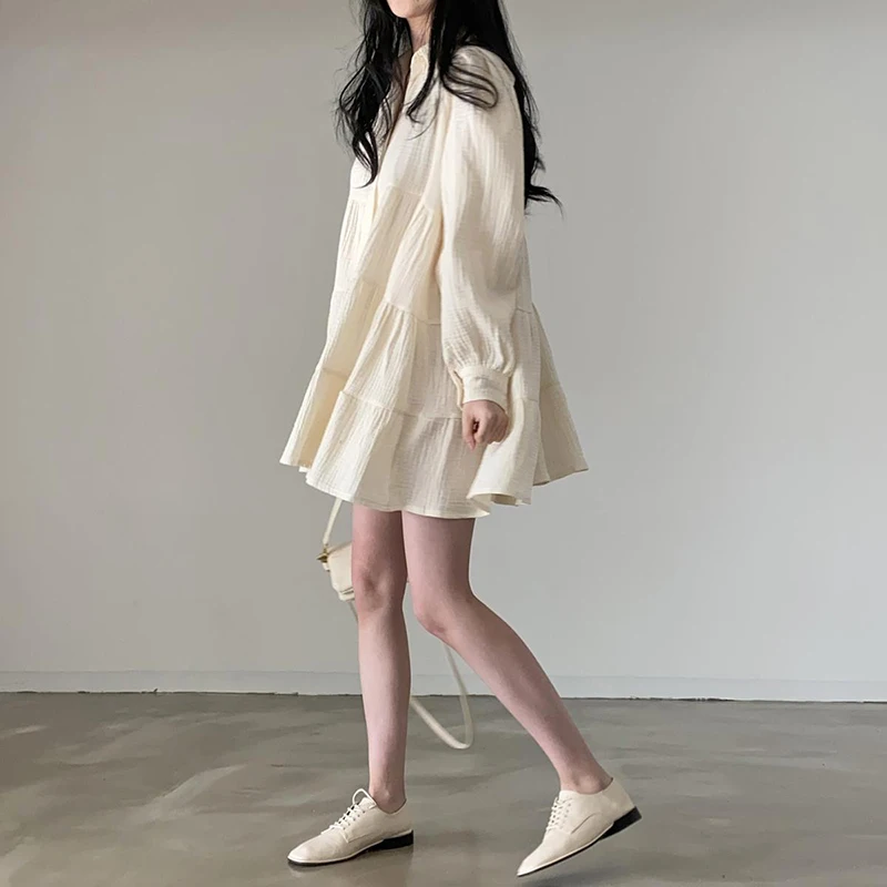 بلوزة غير رسمية نسائية فضفاضة ذات صدر واحد بأكمام فقاعية ، قميص كوري ، كتان قطني ، بأكمام طويلة ، فستان مدرسة أنيق