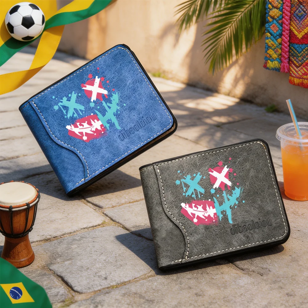 Men's PU Leather Double-Fold Short Wallet Graffiti Eyes & Lip Lines Fashionable Street Style Multi-Card Holder