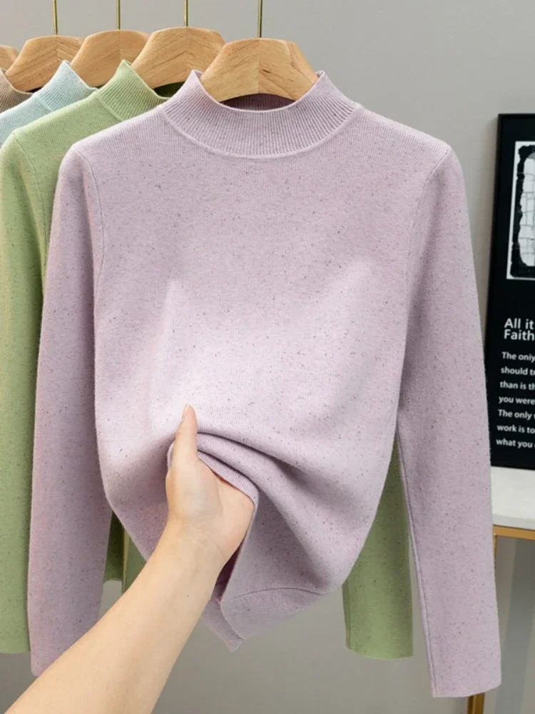 Jersey de manga larga con puntos de Color para mujer, suéter de cuello alto con capa Base Simple y delgada, jerséis de punto suaves y cálidos para Otoño e Invierno