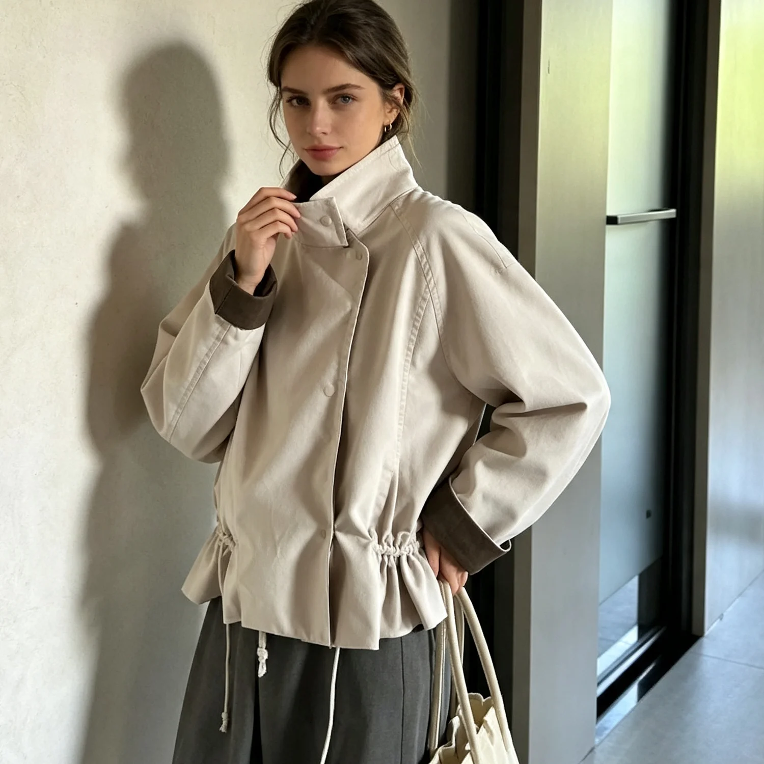 PUAL  Fashion Oversized Short Outerwear Stand Collar Drawstring Waist Contrast Cuff Women Wind Coat