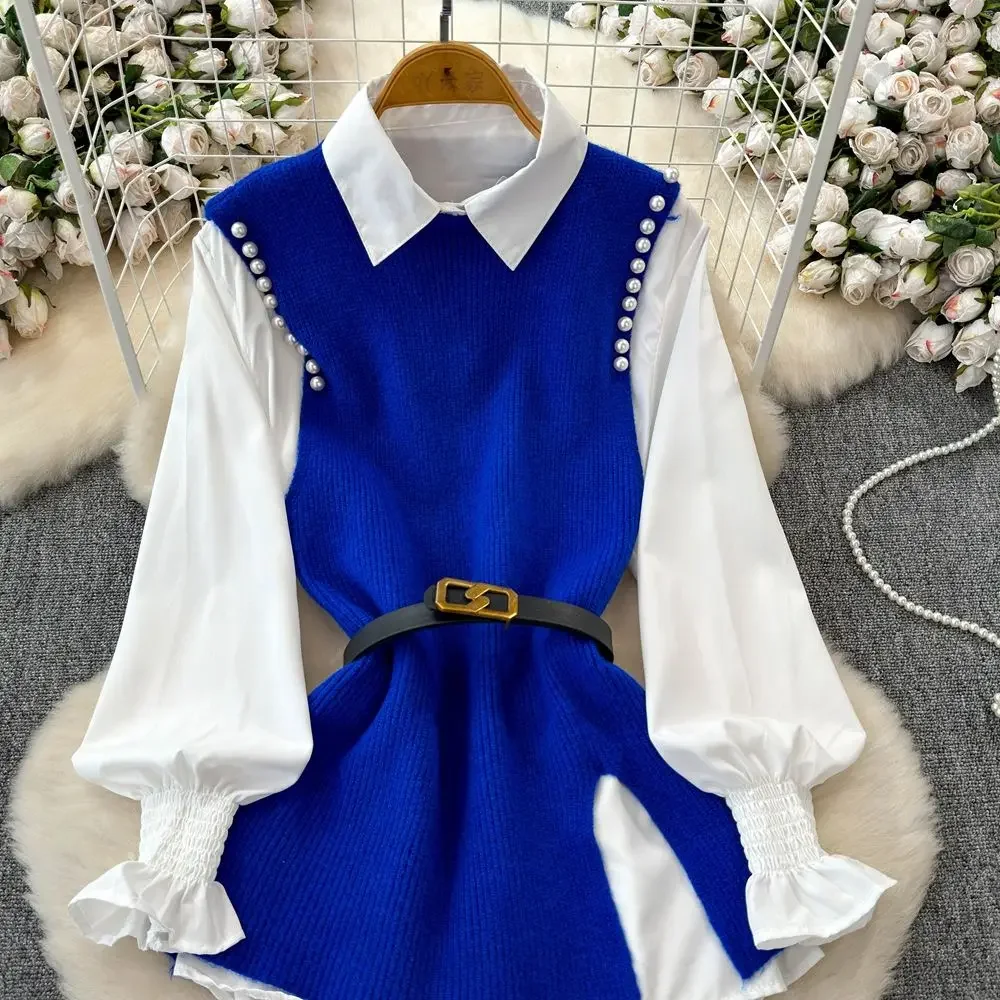 Women\'s Autumn Winter Graceful Lucky Red Pearl Sweater Vest Shirts Two Piece Set Lady Falls Knit Tank Tops Blouse with Belt