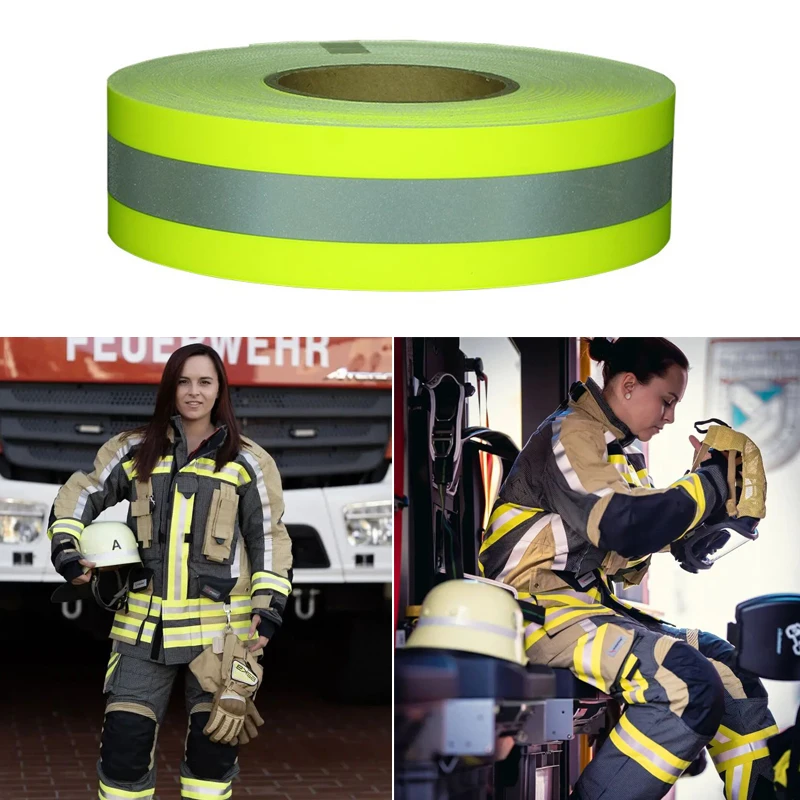 Tessuto ignifugo riflettente giallo fluorescente e rosso fluorescente cucito su nastro di avvertimento ignifugo per abbigliamento di sicurezza