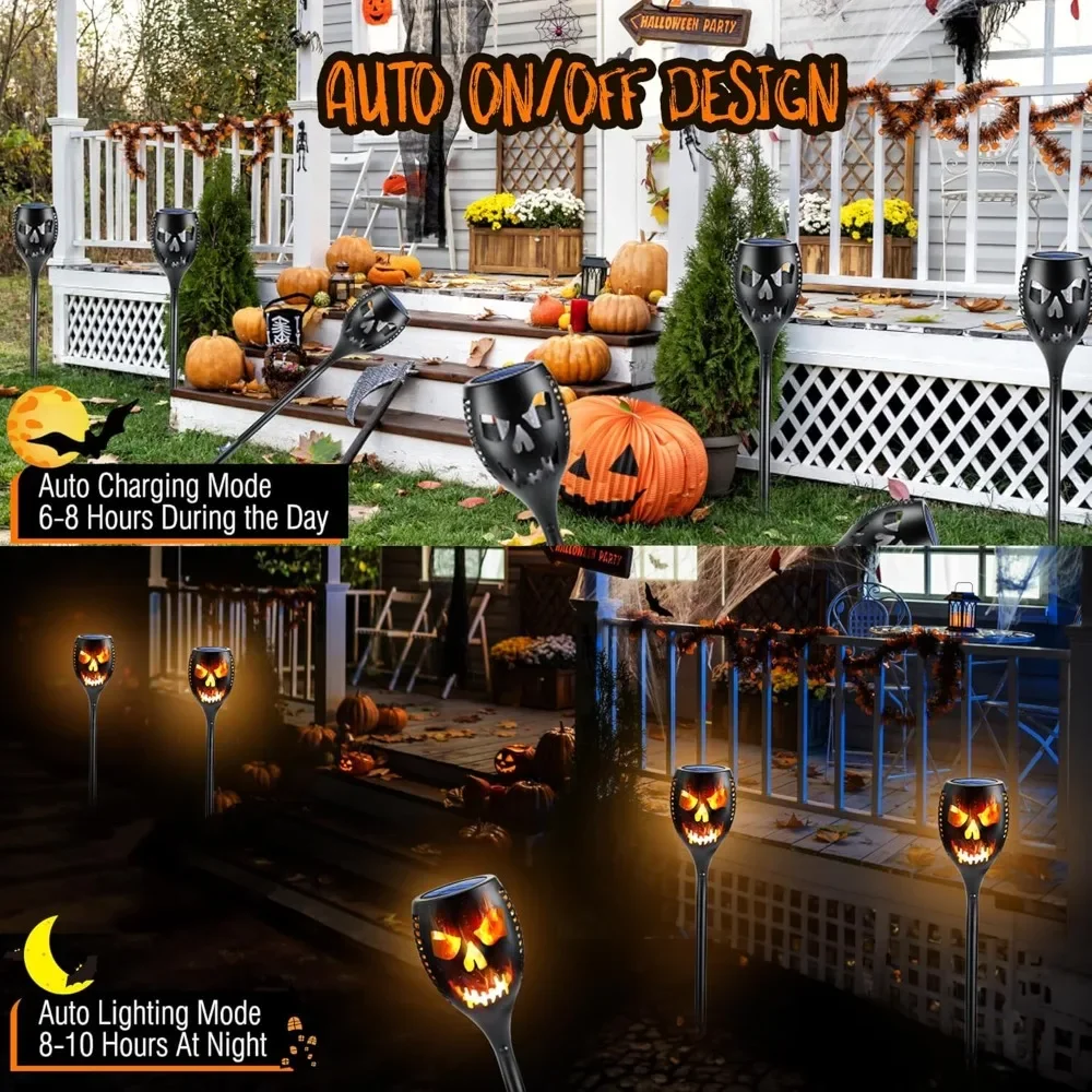 Outdoor Solar Halloween Lights, 4-Pack Solar Torch Lights with Flickering Flames, Waterproof LED Flame Light Decorations