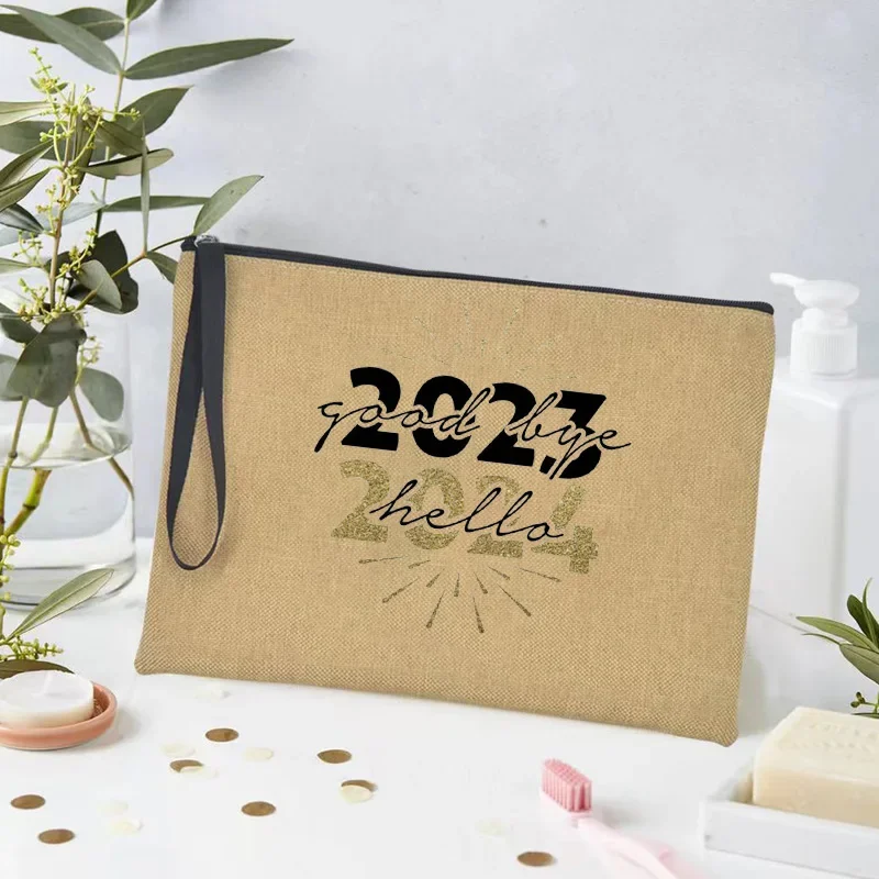 Bolsa de maquillaje de lino con cremallera, estuches de cosméticos antiguos, estuche de lápices estéticos, organizador de cosas pequeñas, Feliz Año Nuevo, 2023, 2024