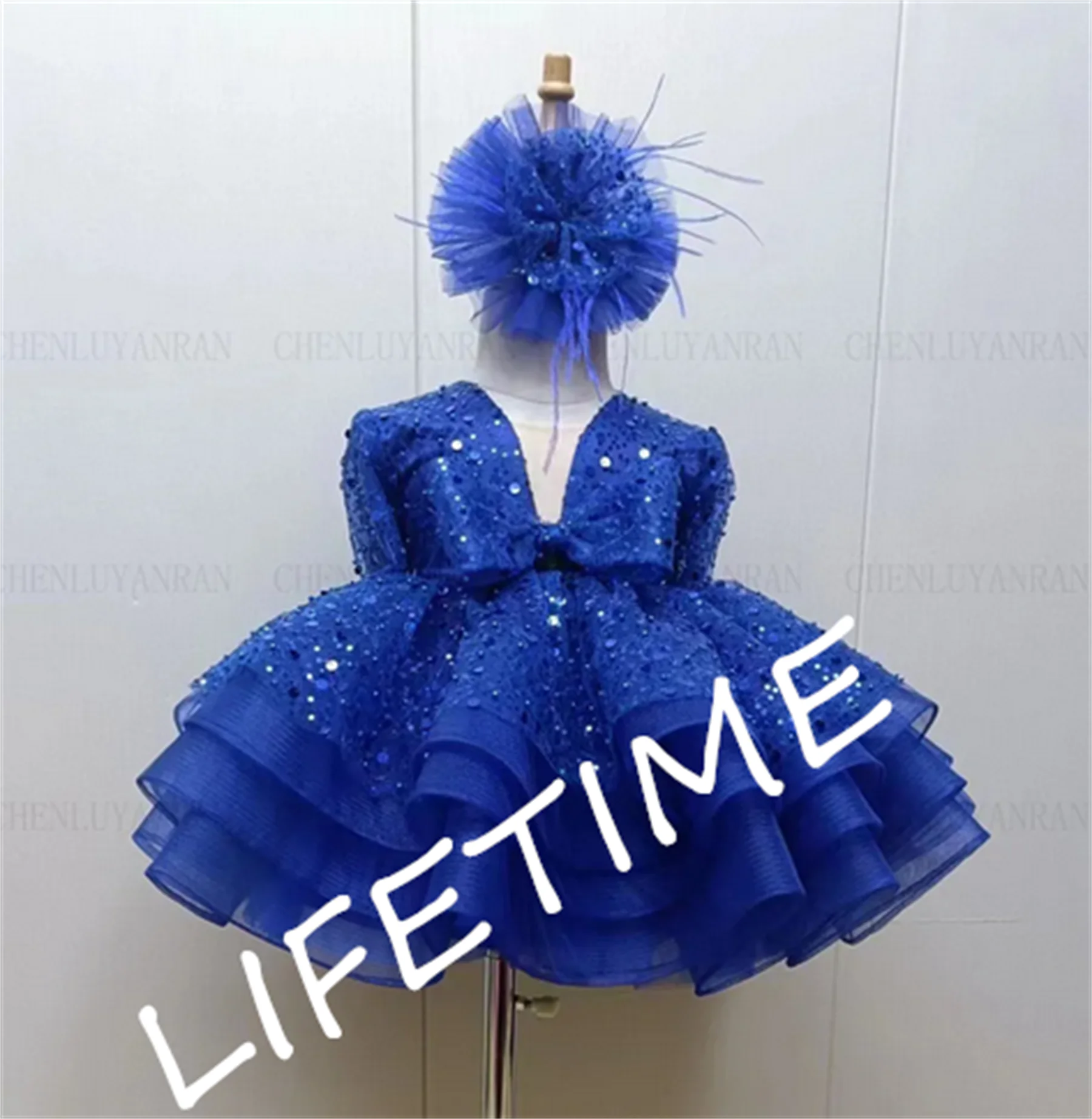 Royal Blue Flower Girl Dresses 2023 V Neck Real Picture Sequin Wedding Party Dress Bow Sparkle A-Line Puffy Girl Princess Gowns