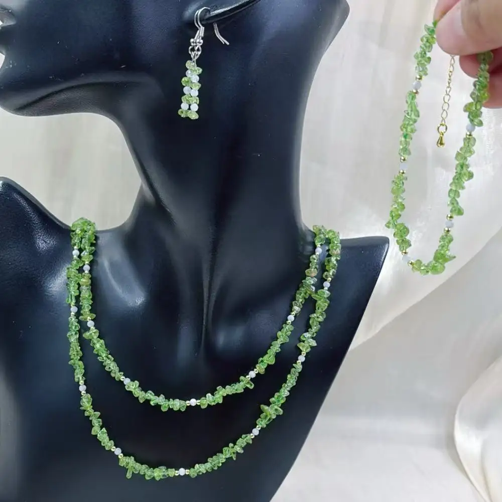 3-6mm Green Natural Gems Peridot Stone Women Lady Long 2 Layers Necklace Bracelet Earrings Jewelry Set 100cm 18cm