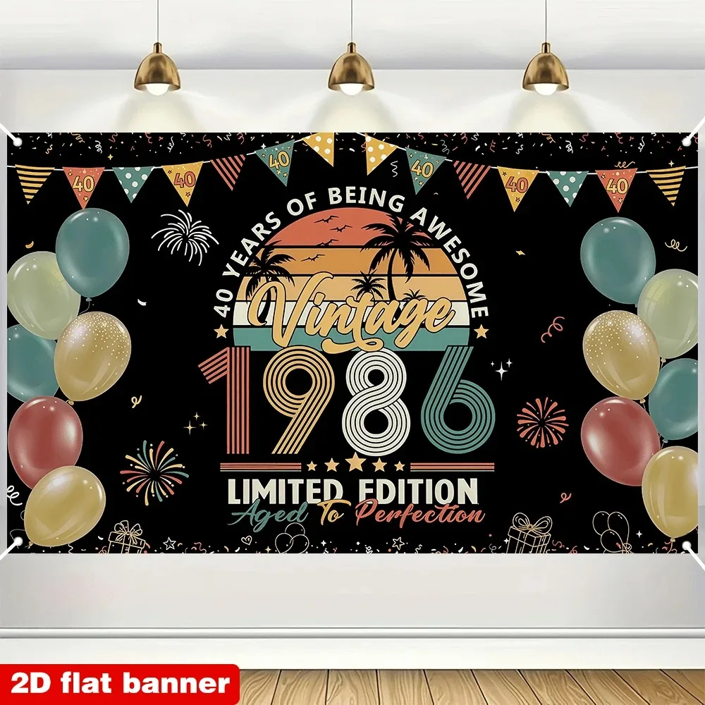 Vintage-Hintergrund zum 40. Geburtstag von 1986, Retro-Hintergrund mit der Aufschrift „40 Years of Being Awesome“ mit Palme und Sonnenuntergang für die Party – Detail 5