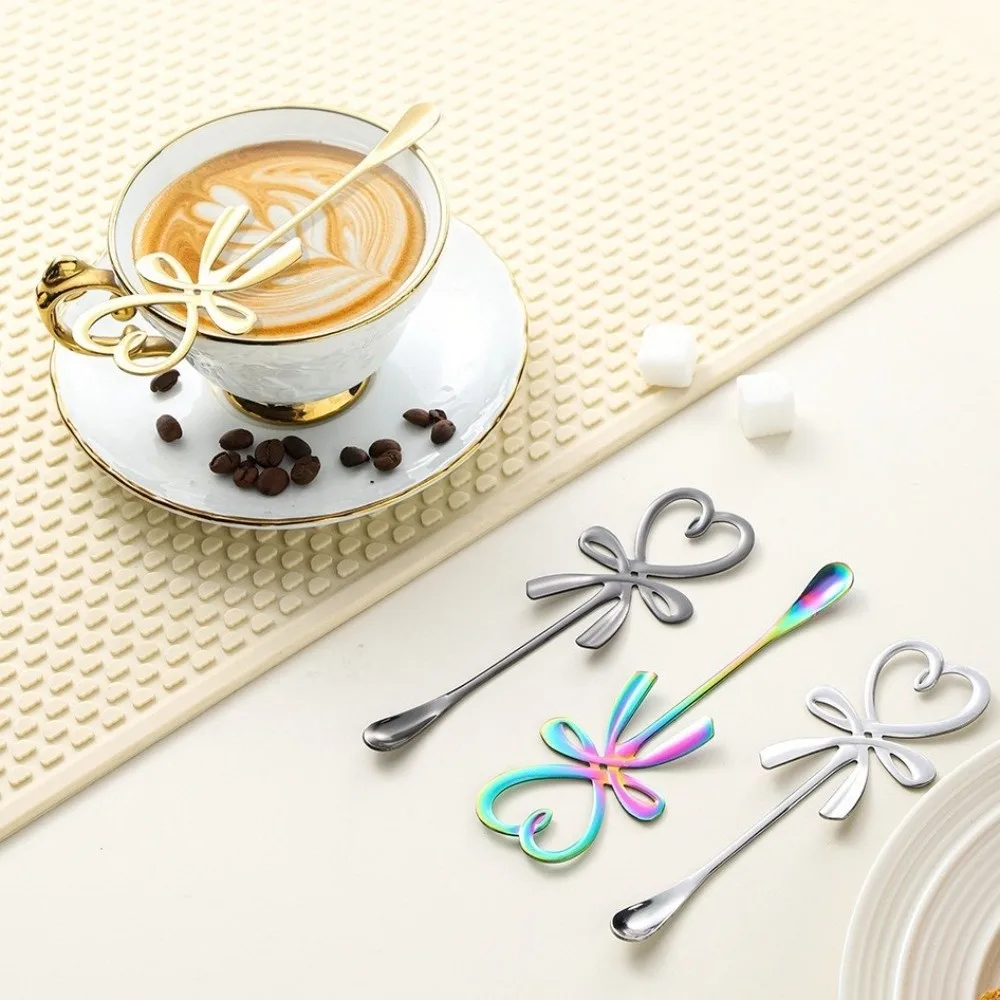 6PCS Elegant Stainless Steel Heart Shaped Spoon Bow Knot Long Handle Dessert Spoon Hanging Spoon Mini Coffee Spoon Household Use