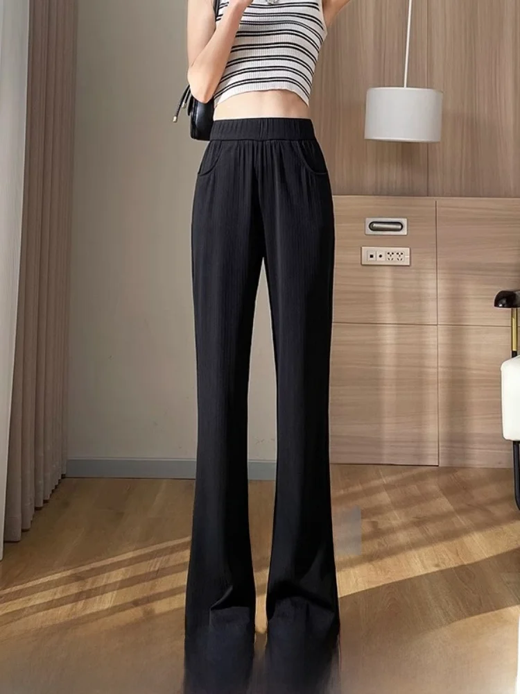 

Женские летние тонкие повседневные брюки с высокой талией, широкими штанинами, из ледяного шелка, в корейском стиле, прямые, с карманами