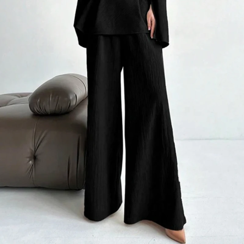 2026 Women's Black Wide Leg Pants Solid Color High Waist Elasticated Loose Casual Daily Office Trousers Bottoms
