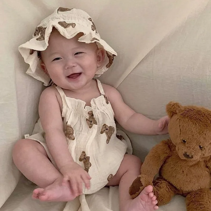 Macacão de Bebê Unissex com Estampa de Urso de Verão, Forrado em Algodão, com Chapéu, Design de Alças, Roupa de Bebê Recém-Na...