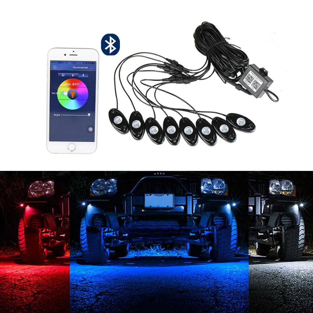 

8 Pods RGB LED Rock Lights With Bluetooth Controller For ATV UTV SUV Off Road Car Truck Underglow Multicolor Neon LED Light Kit