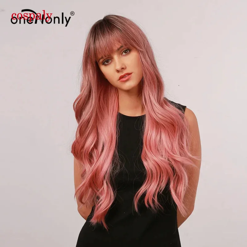 OneNonly Long Body Wave Ombre Pink Synthetic Wigs With Neat Bangs Dark Roots For Women Cosplay Natural Hair Heat Resistant