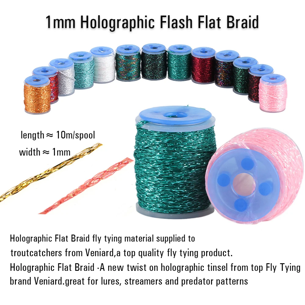 Vtwins  1mm Holographic Flash Flat Braid Mylar Tube Tinsel Nymph Body Streamers Trout Flies Fly Tying Materials  Accessories