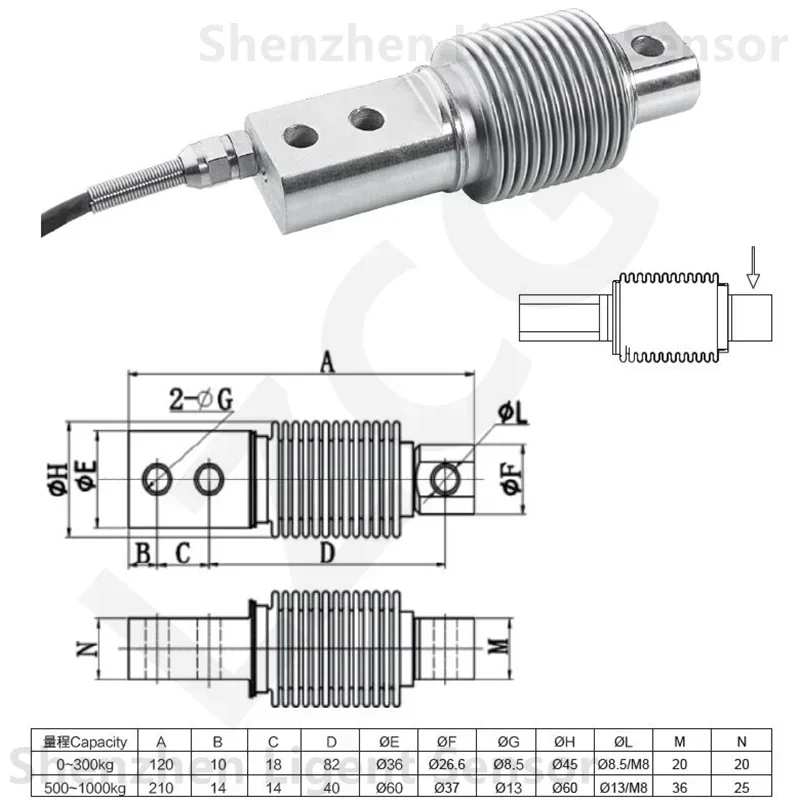 Compression Measuring 20/50/100/300/500kg Weight Gauging High Precision Stress 1t Bellow Beam Type Weighing Aluminum Load Cell