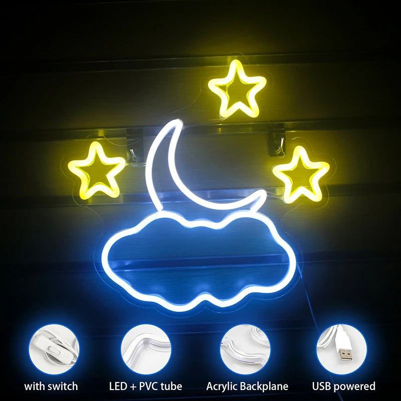 Ineonlife iluminação de néon led lua estrela nuvem design parede arte decoração do quarto usb alimentado sinal de néon para kawaii crianças quarto noite lâmpadas