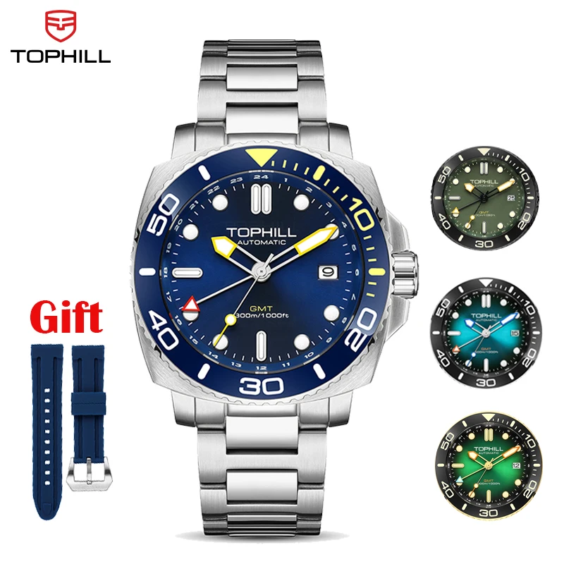 TOPHILL Dive Watch NH34 GMT Automatic Wristwatch Movement 43mm 30Bar Men's Watches Luxury Sapphire Ceramic Bezel Helium Escape Valve  On The Fly Adjust Clasp See Through Caseback Reloj TD012G