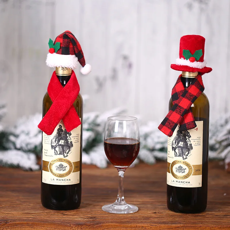 2Pcs/Set Christmas Wine Bottle Covers Mini Christmas Hat Scarf Set Wine Bottle Decoration Tableware Xmas Party Home Table Decor