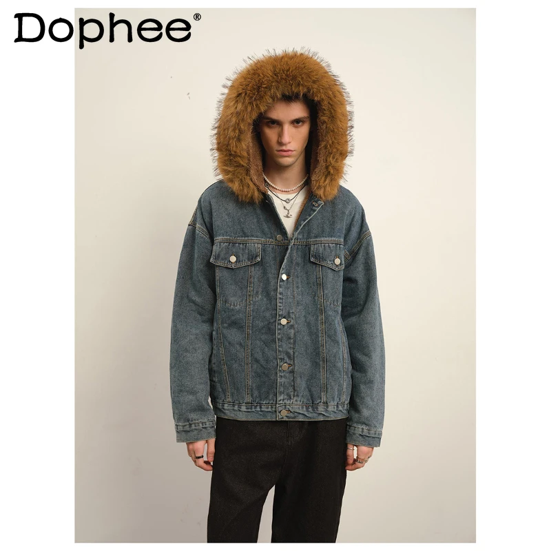 

Fashion Long Sleeve Hooded Denim Jackets Men 2025 Winter New Stylish Loose Comfor Parkas Long Sleeve Handsome Trendy Denim Coats