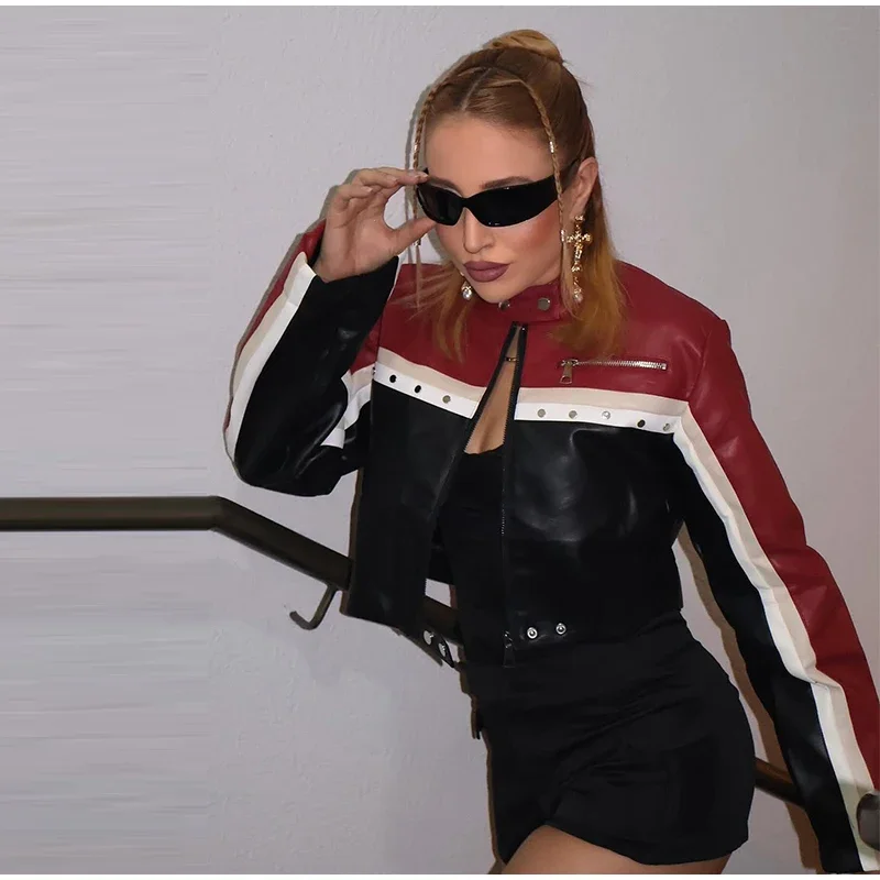 Farbblock-Kontrast-Reißverschlussjacke mit Revers und langen Ärmeln für Damen, kurz geschnitten, tailliert, PU-Obermaterial, ausgefallene, lässige, vielseitige Streetwear-Jacke – Detail 3
