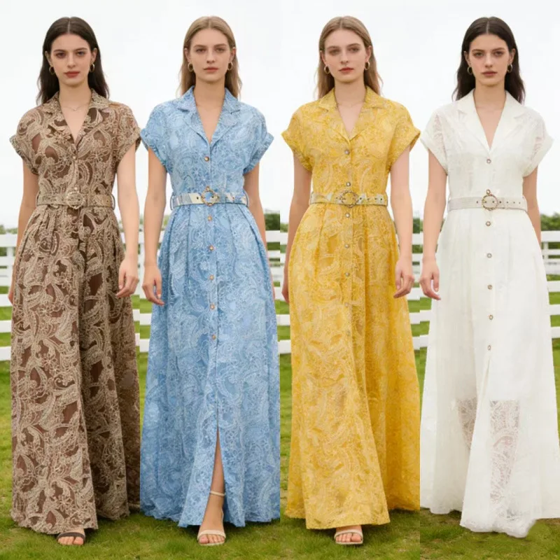 Ele Kant Geborduurde Bloemen Pak Kraag Dr Knop Taille Cinched Lange Dr Nieuwe Vakantie Sle Hoge Taille Zijde Materiaal