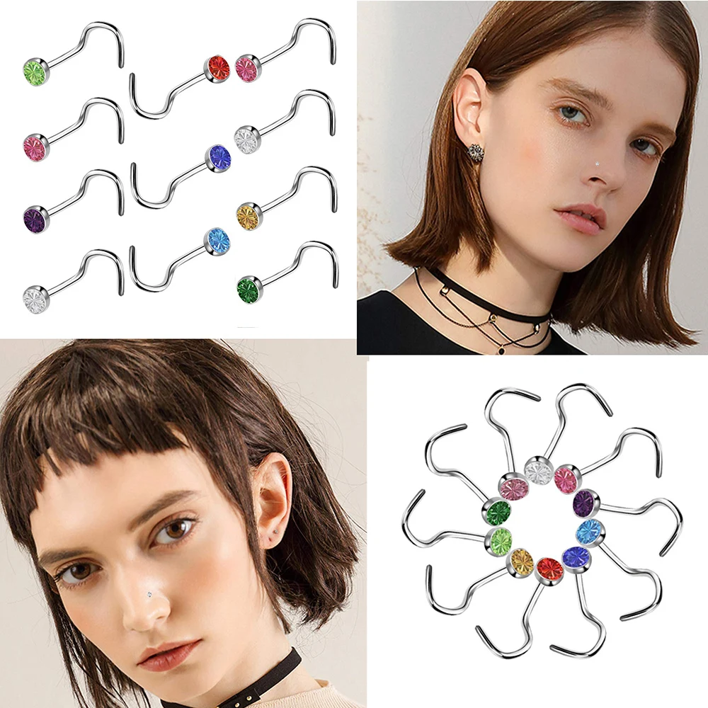 10 Pcs Stainless Steel L Shape Nose Stud Crystal Straight Stud Nose Ring Set Nose Stud Lot Piercing  Body Jewelry For Women 1.8m