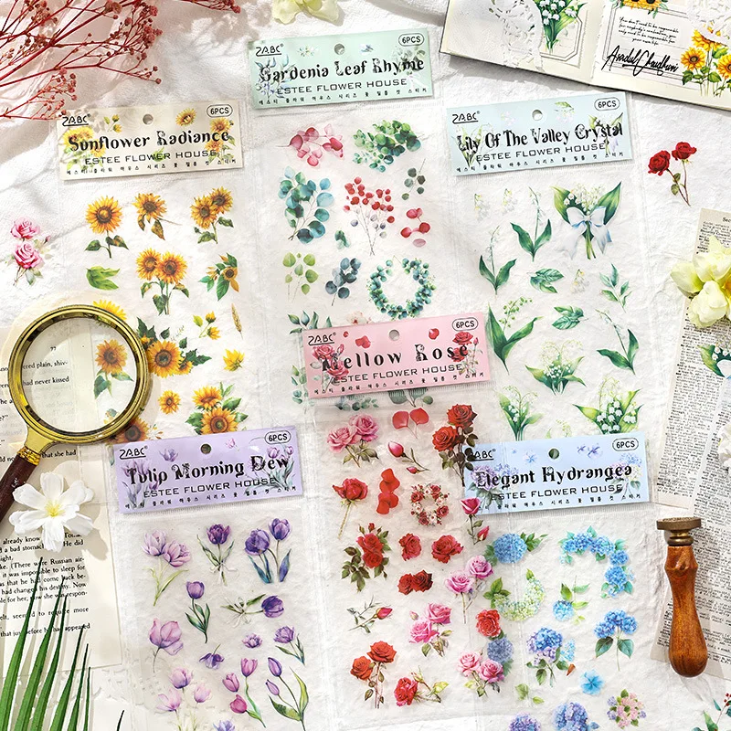 Vintage Floral PET Stickers Waterproof Cut Out Stickers for DIY Journal Scrapbooking Hand Account Decorative Sticker Pack