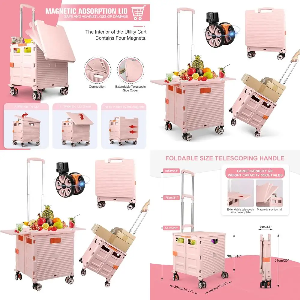 

Portable Folding Utility Cart with Magnetic Lid, Telescoping Handle, and 360° Swivel Wheels for Various Uses in Travel, Shopping