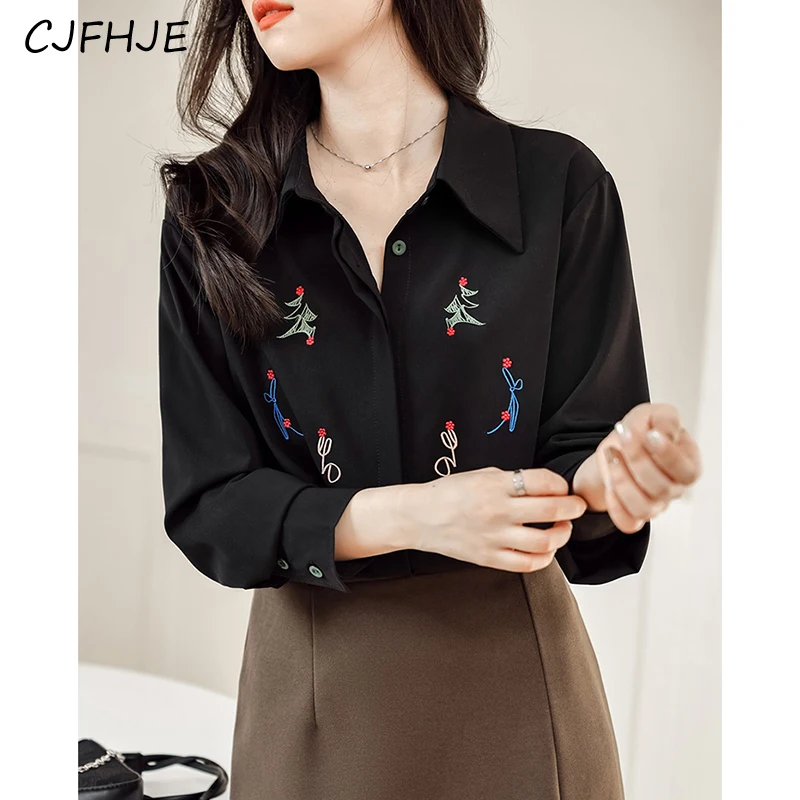 CJFHJE New Women's American Retro Long Sleeved Embroidered Shirt Fashion Loose Fitting Women POLO Collar Solid Color Top Shir