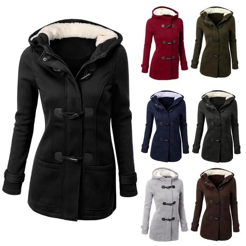 Damskie kurtki zimowe z wełny, ocieplane polarem, luźne, długie, zapinane na rożki, z kapturem, idealne na zewnątrz.