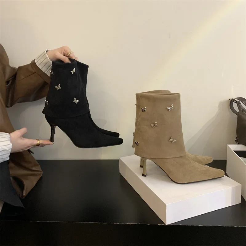 Botas de tornozelo para mulheres, decoração de metal, salto alto, botas de mulheres aconchegantes, design de luxo, moda, outono, inverno