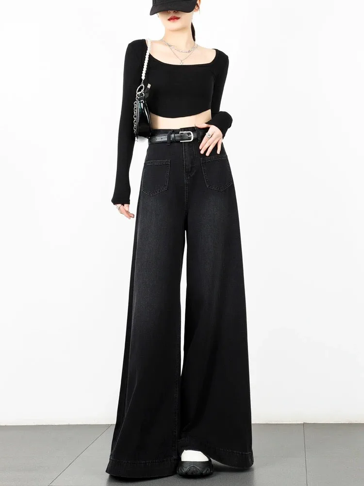 Wysokiej jakości spodnie z szerokimi nogawkami czarne spodnie z wysokim stanem dżinsy pełnej długości proste spodnie jeansowe Cyber hiphopowo koreańskie modne gotyckie