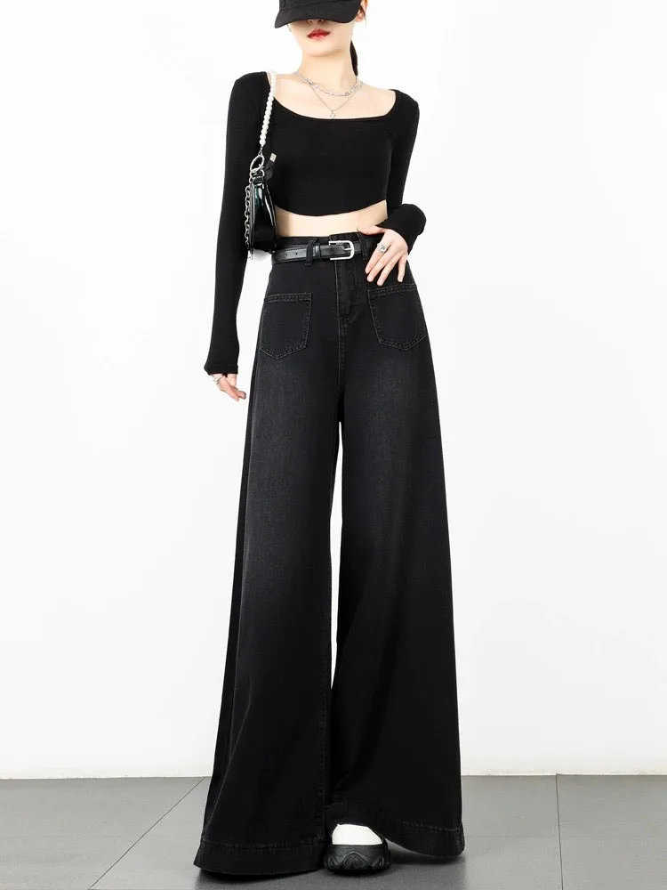 Hochwertige Hose mit weitem Bein schwarz hohe Taille Jeans in voller Länge einfache lässige Cyber-HipHop-Jeans hose koreanische Mode Gothic