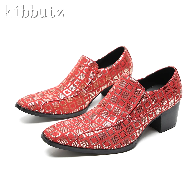 Red Prints Genuine Leather Men Formal Shoes Square Toe High Heels Slip On Loafers Male Wedding Office Party Shoes