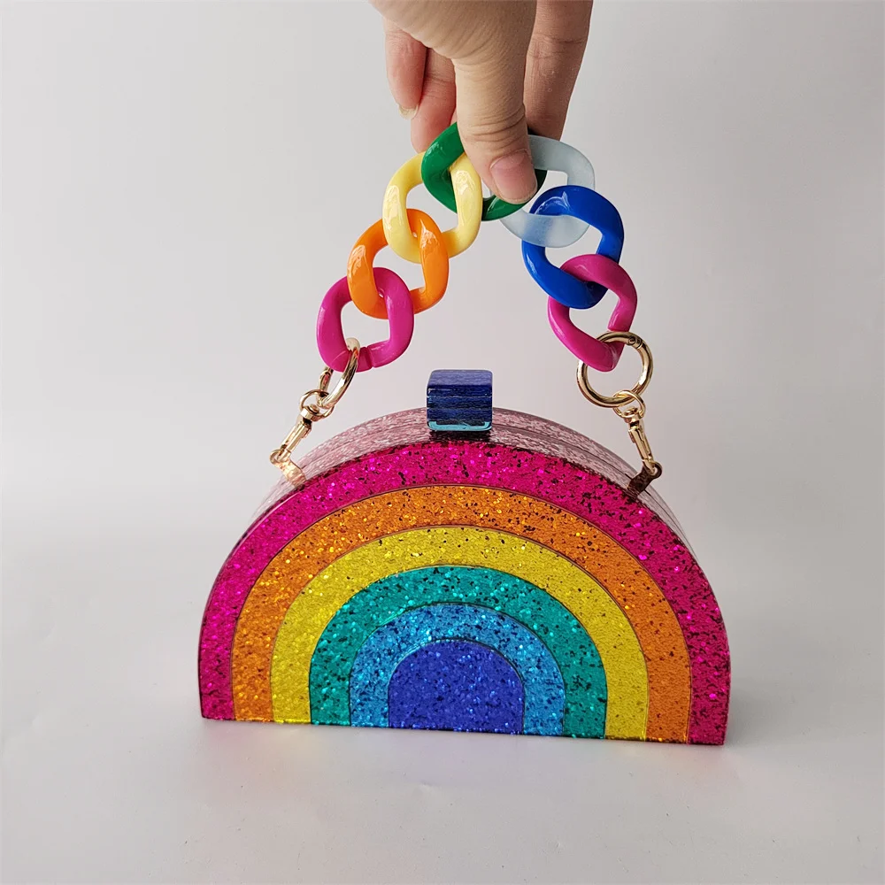 Half Room Colorful Glitter Rainbow Acrylic Box Clutches Evening Women Summer Wedding Party Purse And Handbag Ladies Casual Bag