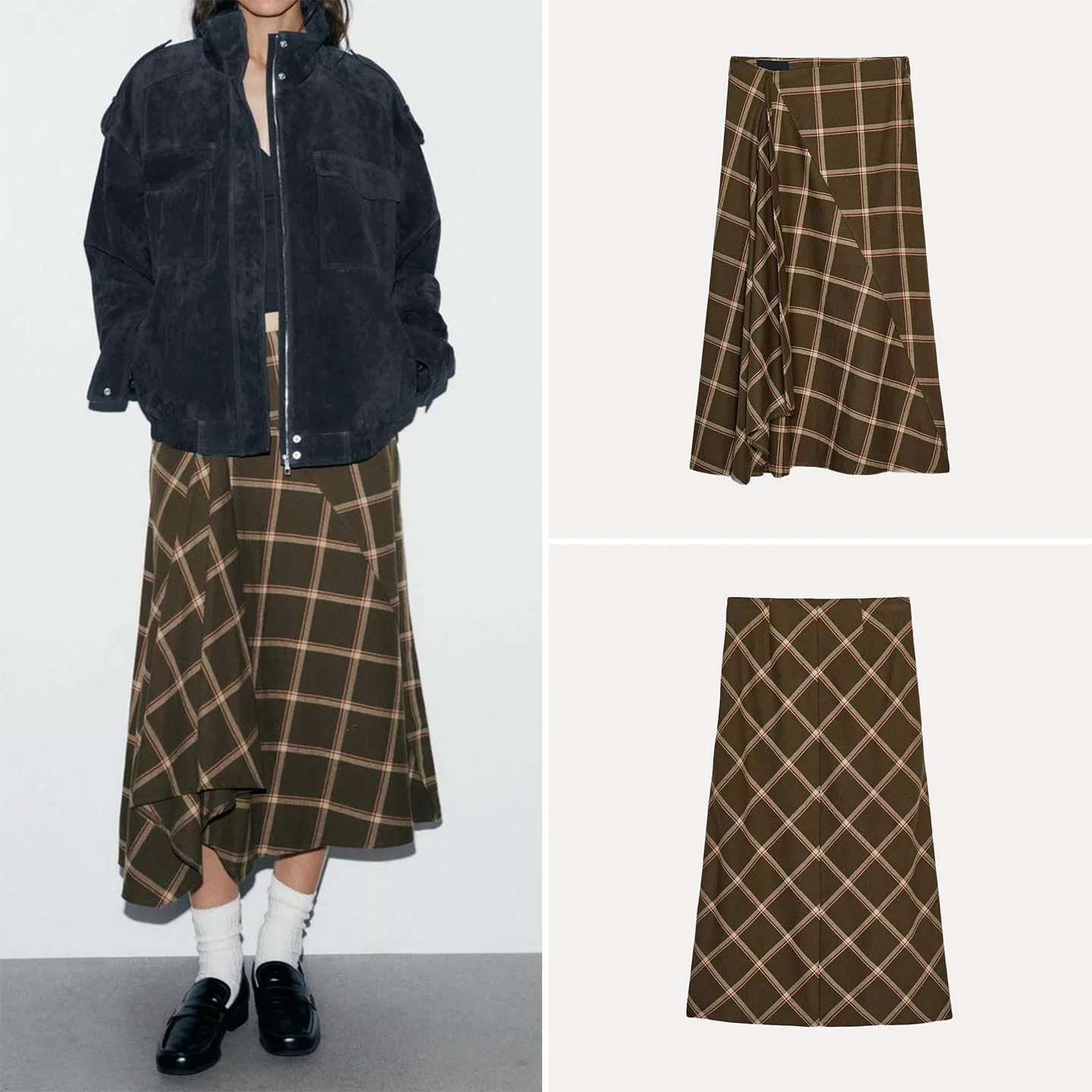 Low Waist Midi Skirt Women's Faion Decorative Plaid Layered Design Winter 2025 New Arrival A-Line ape Office Chic