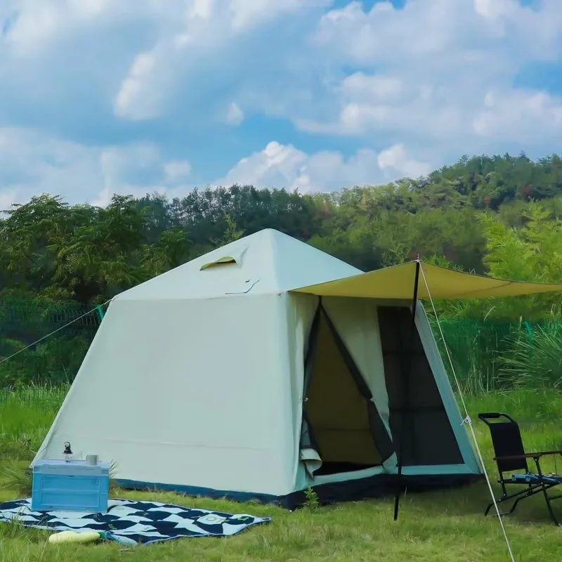 YTYIN خيمة منزلية صغيرة قابلة للنفخ مقاومة للمطر للتخييم في الهواء الطلق سهلة الإعداد مع غرفتين من القماش القماشي للعائلات