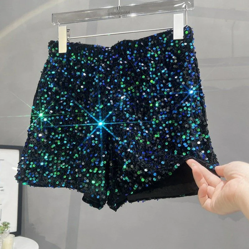 Damen Pailletten-Shorts mit elastischem Bund, glitzernde Hose, schmale Passform, lässige Hose, Nachtclub, Halloween, Festival, Party, Bühnenshow, Y2K-Shorts – Detail 5