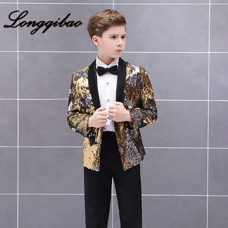 Baby boy set children\'s piano costumes studio model catwalk host fashion sequined suit jacket + pants + shirt + bow tie 4 sets