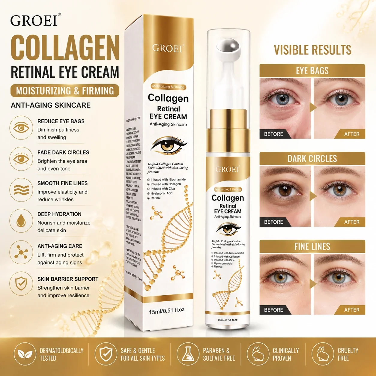 Under-Eye Smoothing Roller Serum 15ml with Retinal, Collagen and Niacinamide – Moisturizes, Smooths Fine Lines and Refreshes